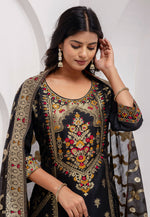 Load image into Gallery viewer, Black Jacquard Silk Readymade Pant Style Suit
