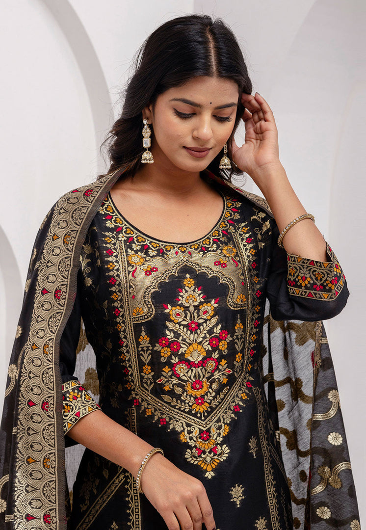 Black Jacquard Silk Readymade Pant Style Suit