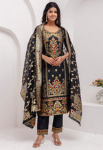 Load image into Gallery viewer, Black Jacquard Silk Readymade Pant Style Suit
