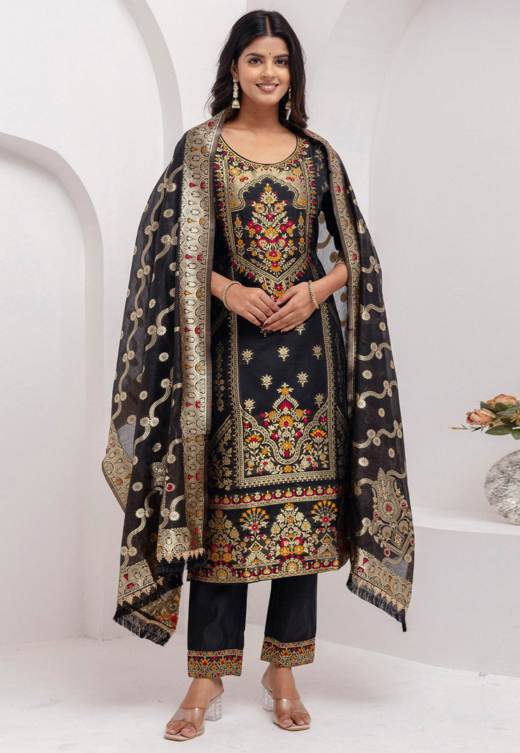 Black Jacquard Silk Readymade Pant Style Suit