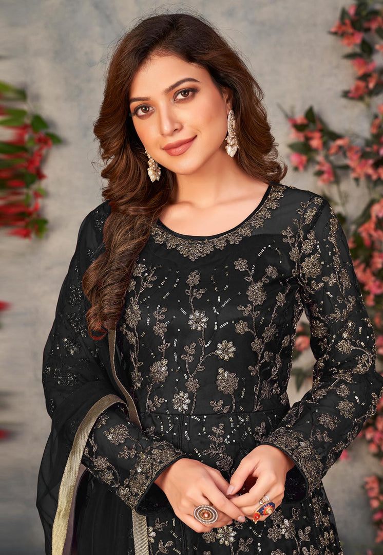 Black Net Embroidered Center Slit Anarkali Suit