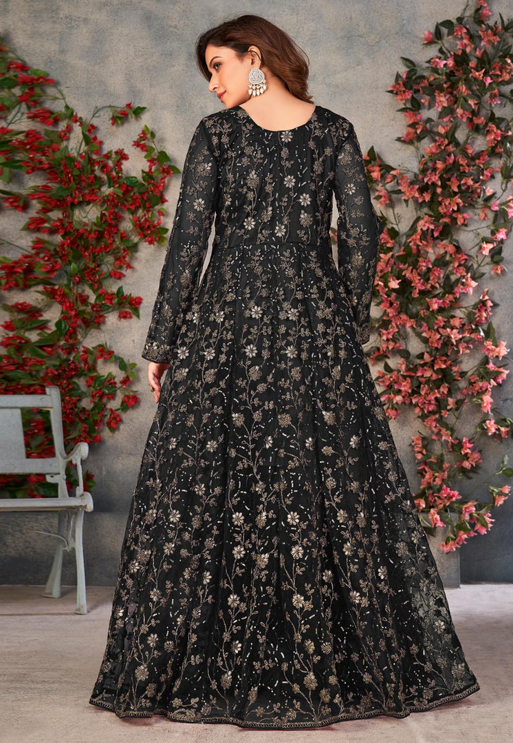 Black Net Embroidered Center Slit Anarkali Suit