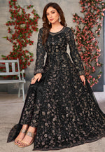 Load image into Gallery viewer, Black Net Embroidered Center Slit Anarkali Suit
