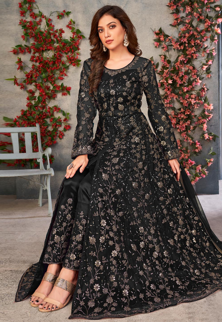 Black Net Embroidered Center Slit Anarkali Suit