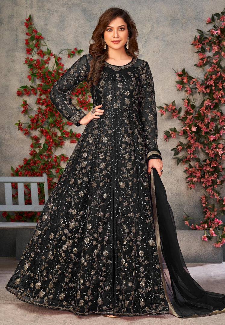 Black Net Embroidered Center Slit Anarkali Suit