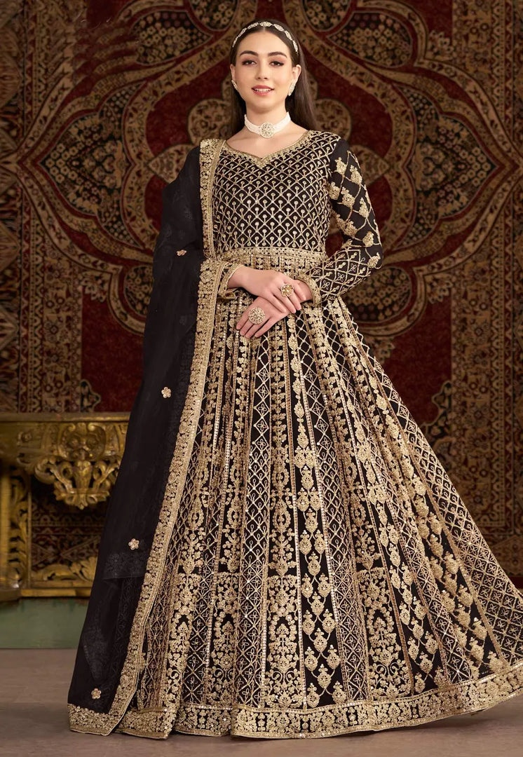 Black Net Embroidered Long Anarkali Suit