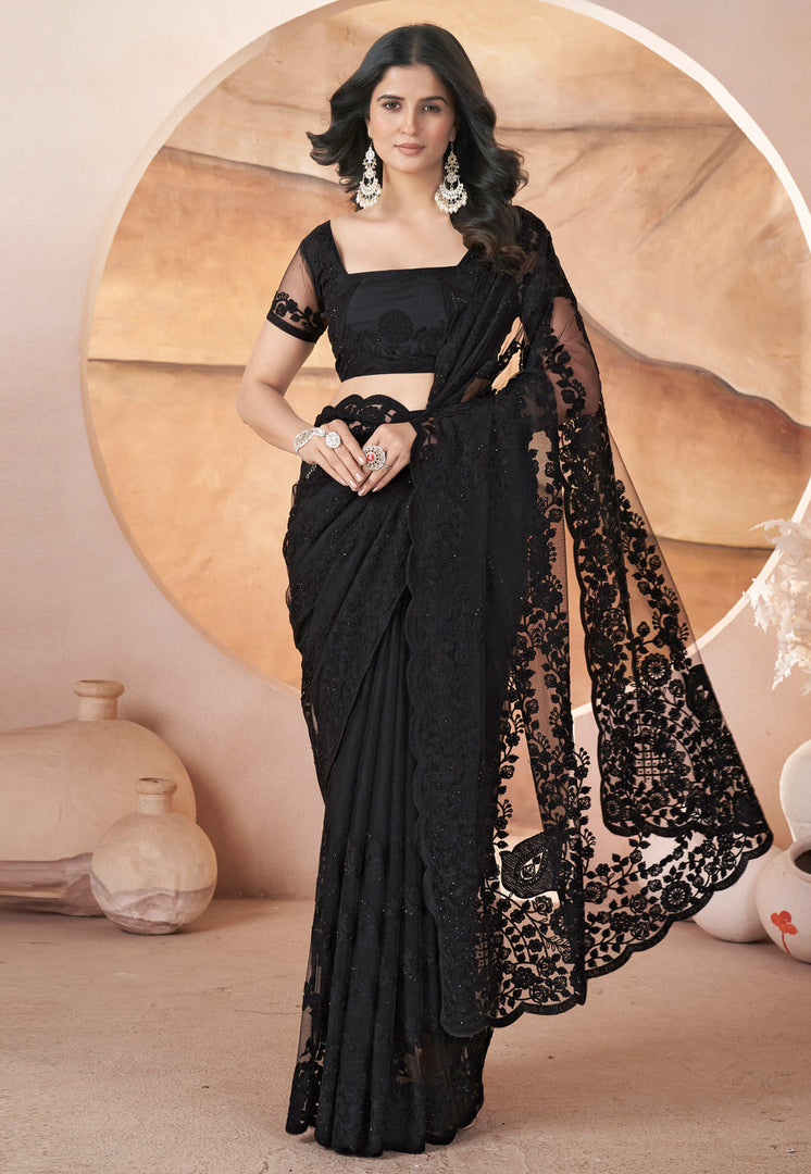 Black Net Saree With Blouse
