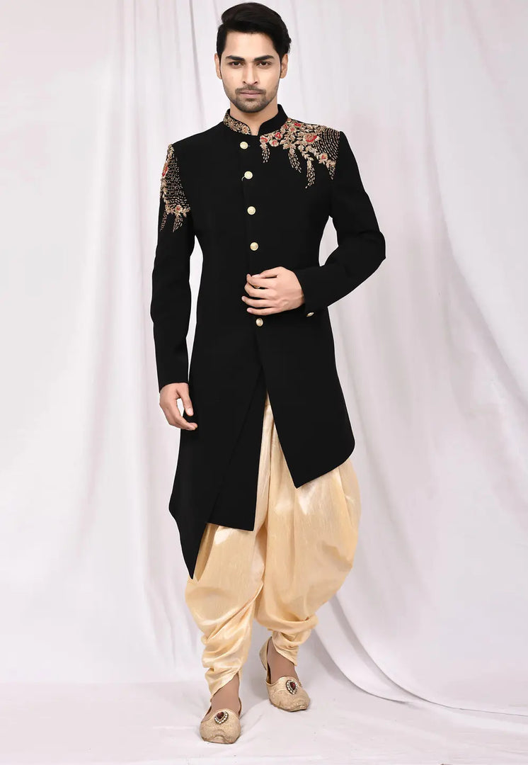 Black Rayon Dhoti Sherwani