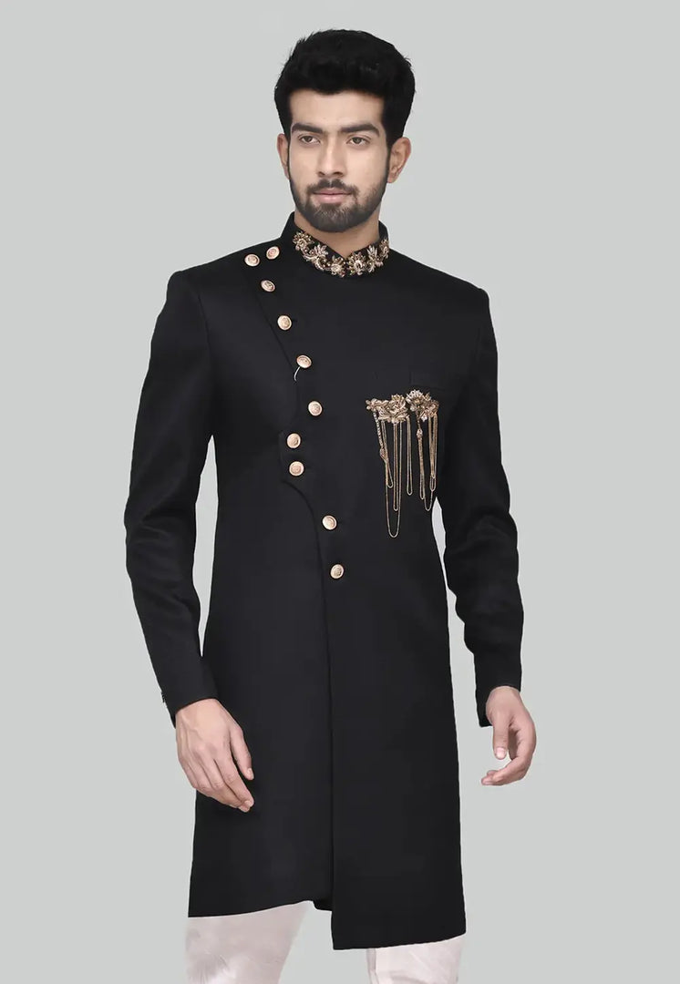 Black Rayon Indo Western Sherwani