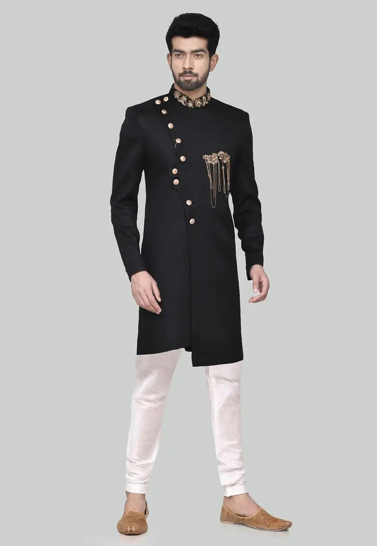 Black Rayon Indo Western Sherwani