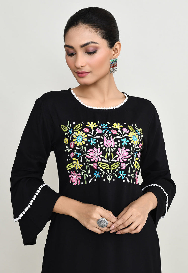 Black Rayon Kurta Set With Palazzo