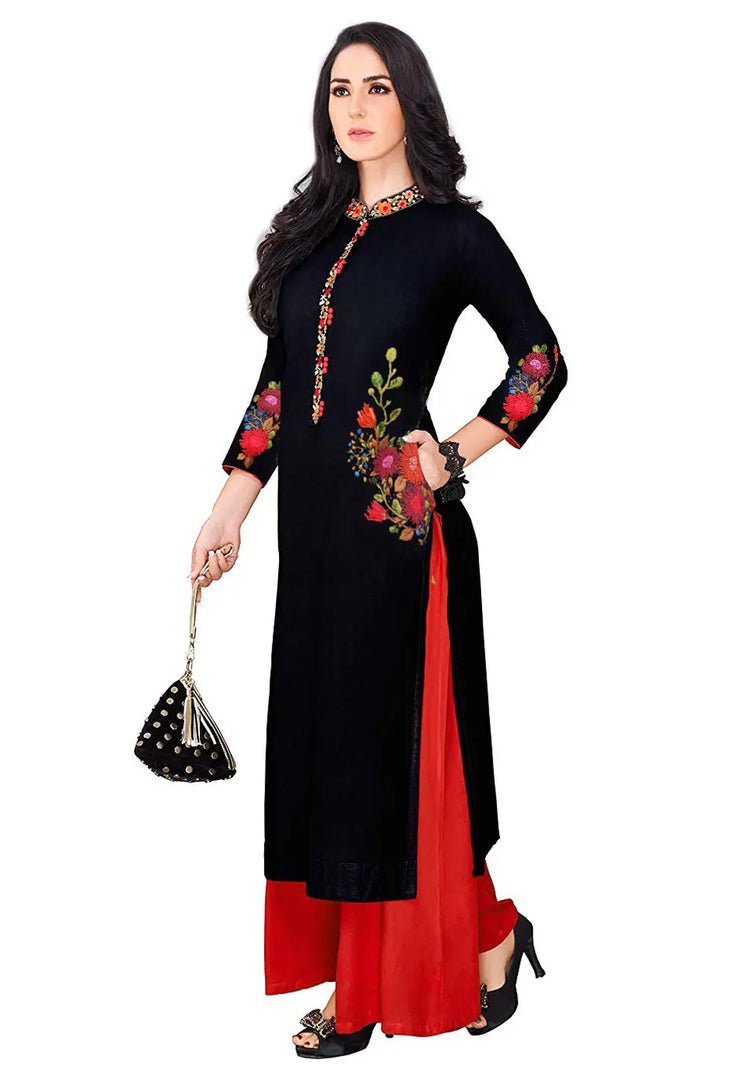 Black Rayon Kurta Set With Palazzo