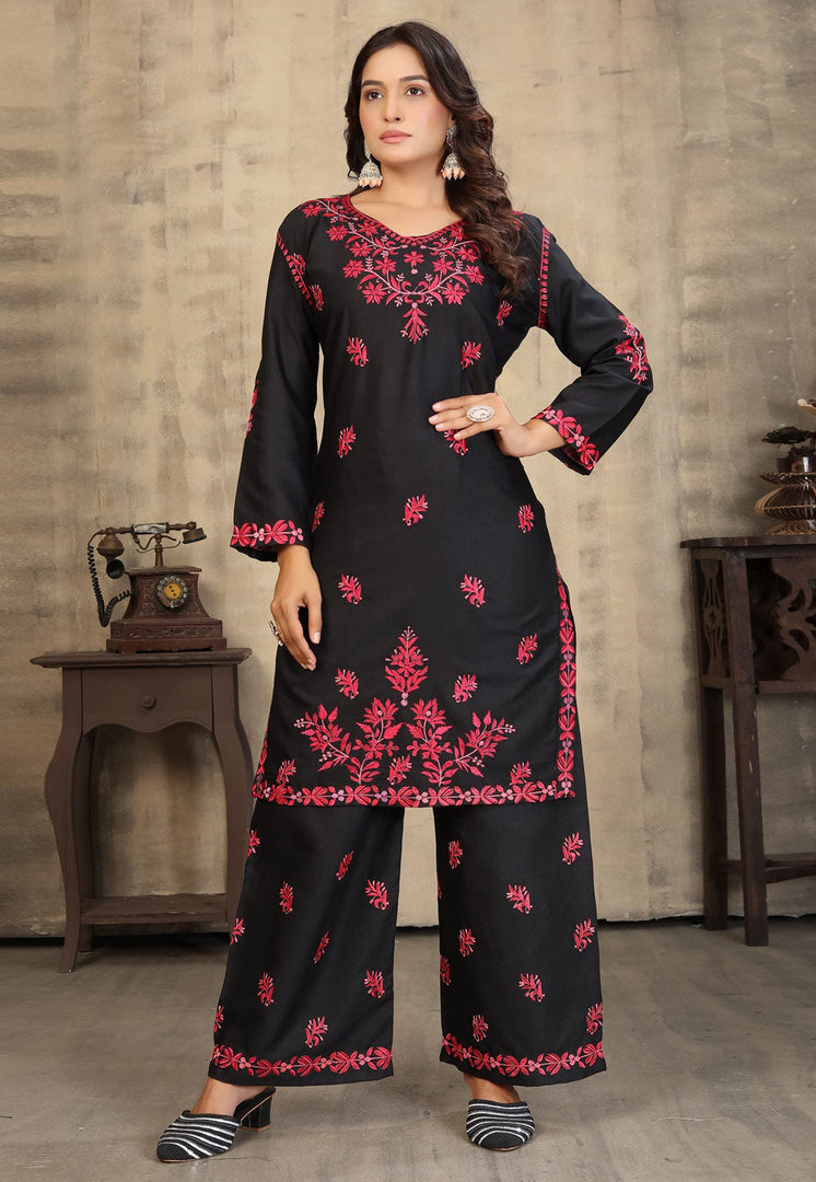 Black Rayon Kurta Set With Palazzo