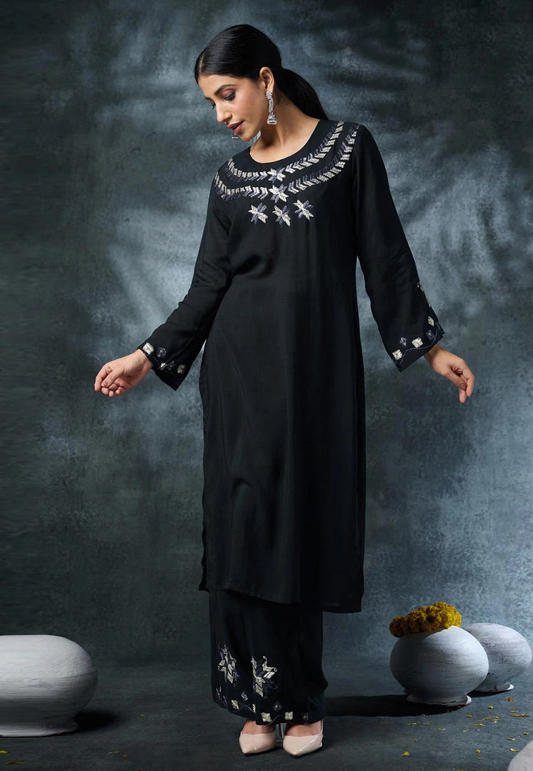 Black Rayon Kurta Set With Pant