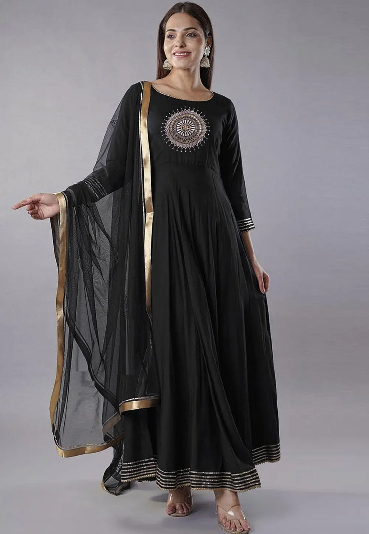 Black Rayon Readymade Anarkali Suit