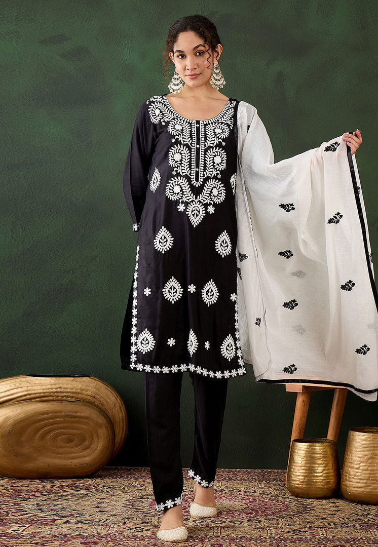 Black Rayon Readymade Chikankari Suit