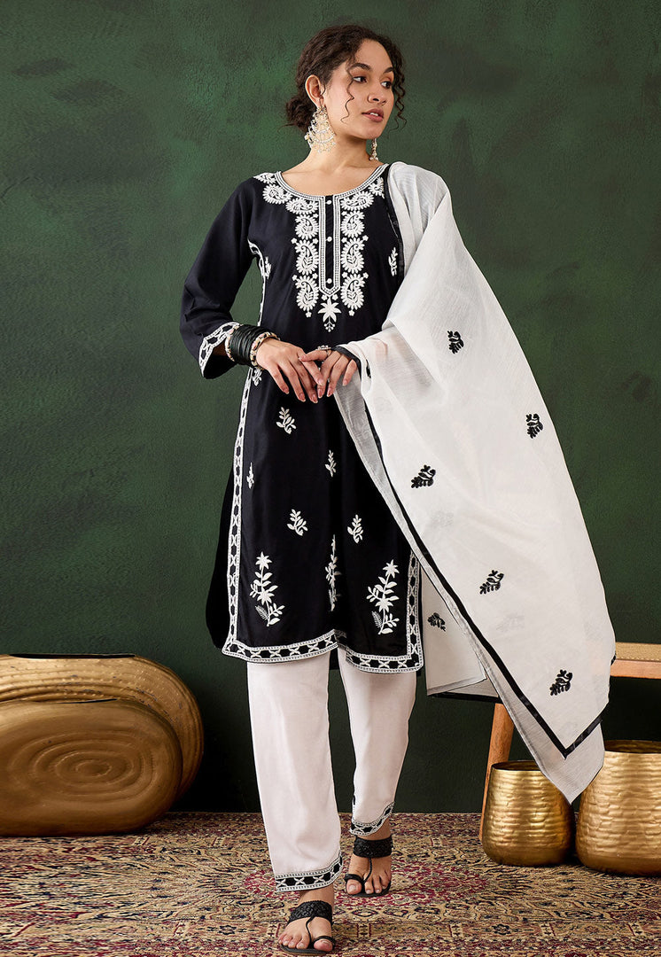 Black Rayon Readymade Chikankari Suit