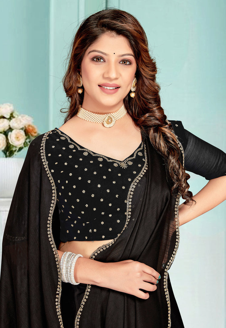 Black Satin Chiffon Saree With Blouse