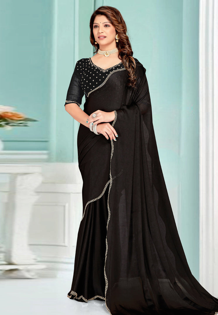 Black Satin Chiffon Saree With Blouse