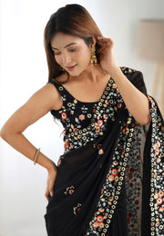 Black Satin Chiffon Saree With Blouse