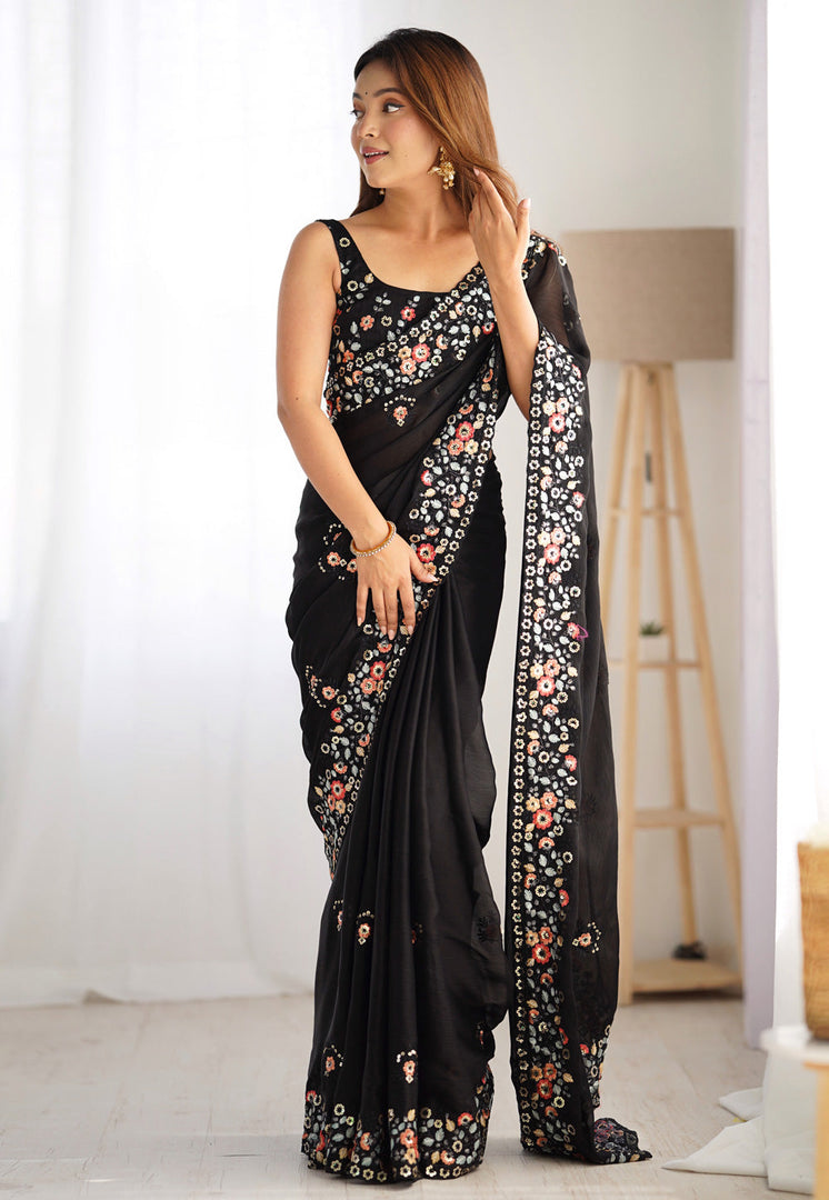 Black Satin Chiffon Saree With Blouse