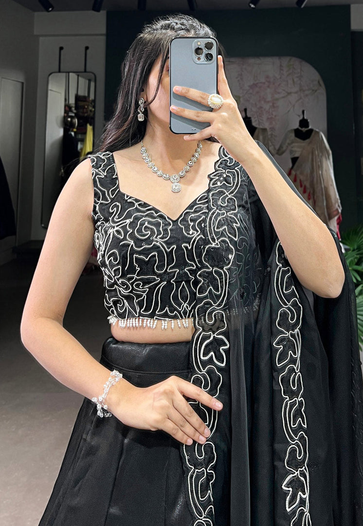 Black Satin Circular Lehenga Choli