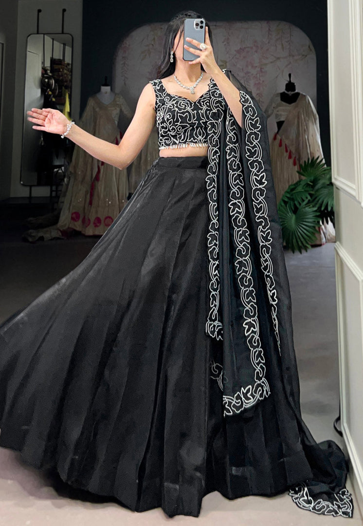 Black Satin Circular Lehenga Choli