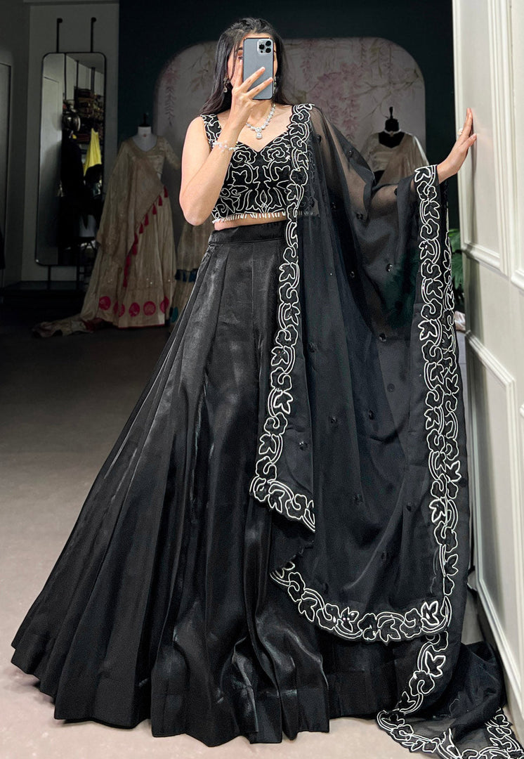 Black Satin Circular Lehenga Choli