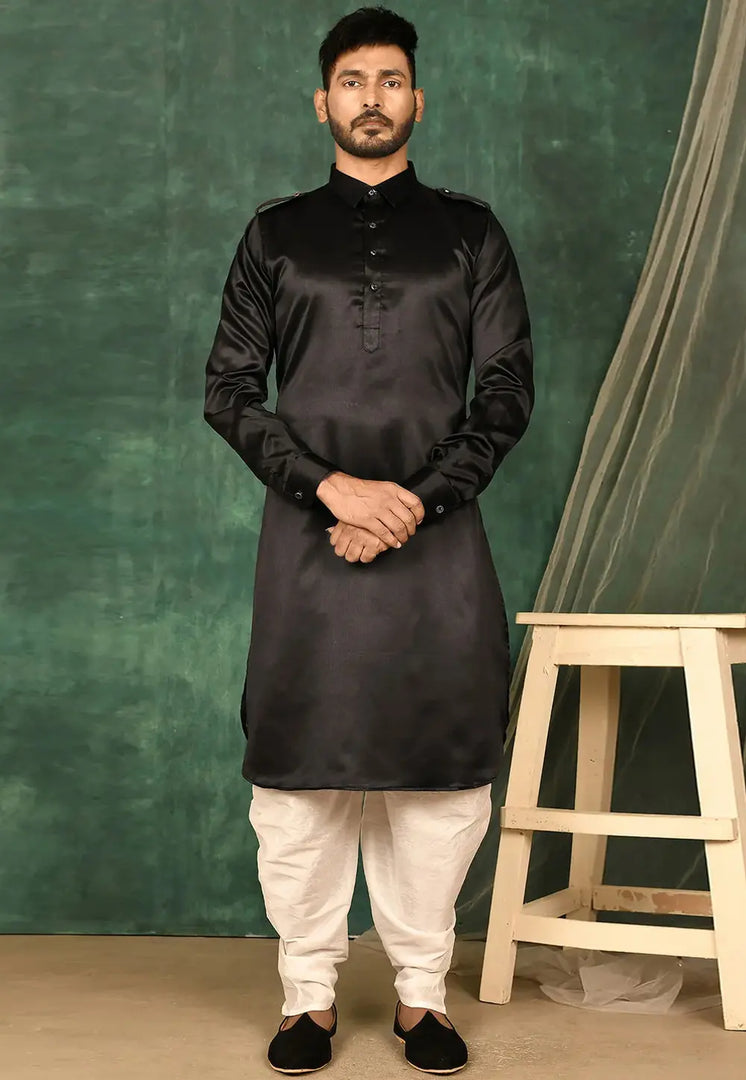 Black Satin Pathani Suit
