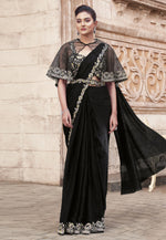 Load image into Gallery viewer, Black Satin Silk Designer Saree
