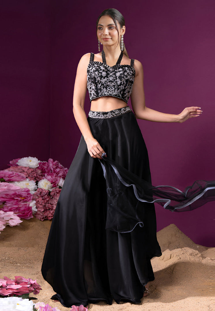 Black Satin Silk Palazzo With Crop Top