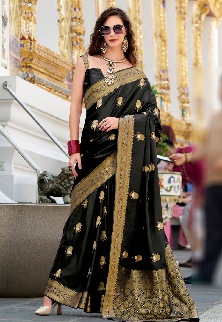 Black Satin Silk Saree With Blouse