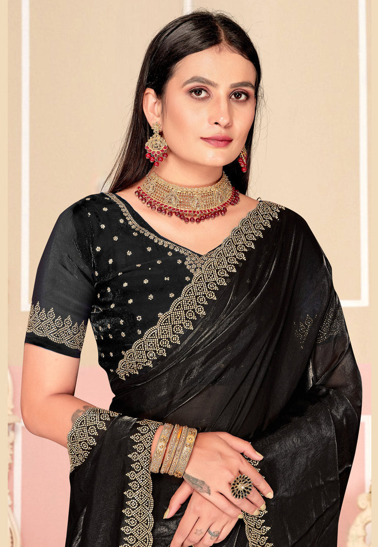 Black Satin Silk Saree With Blouse