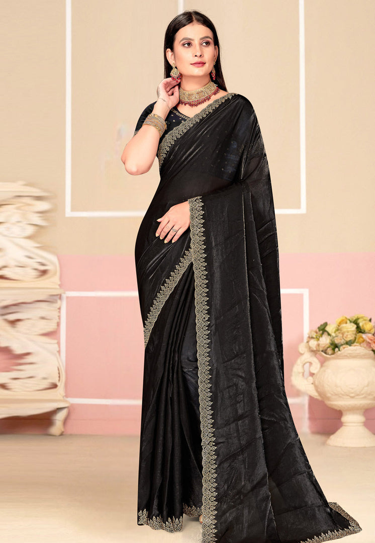 Black Satin Silk Saree With Blouse