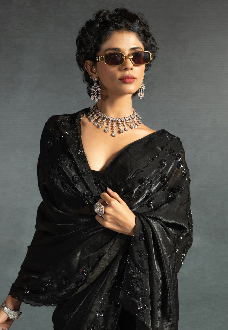 Black Satin Silk Saree With Blouse