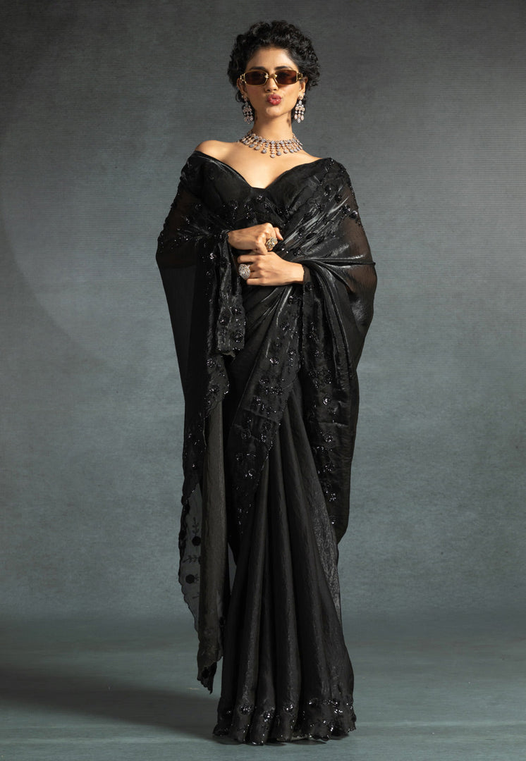 Black Satin Silk Saree With Blouse