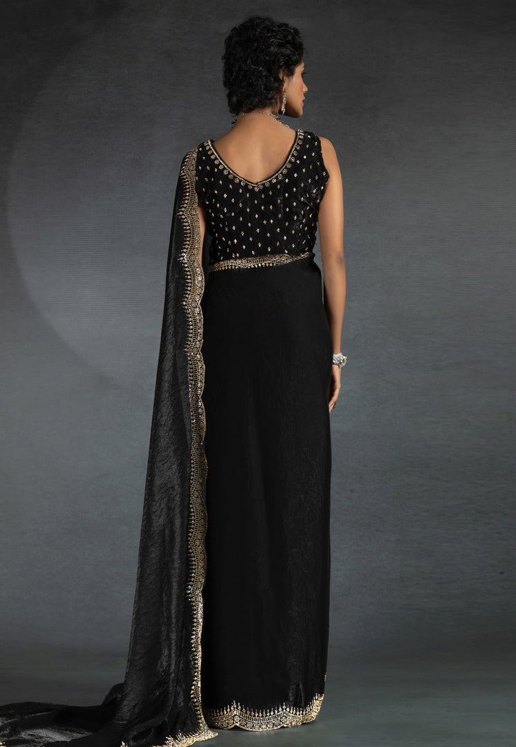 Black Satin Silk Saree With Blouse