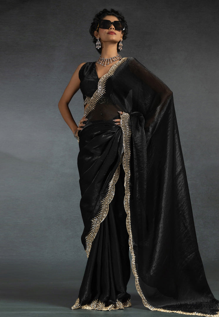 Black Satin Silk Saree With Blouse
