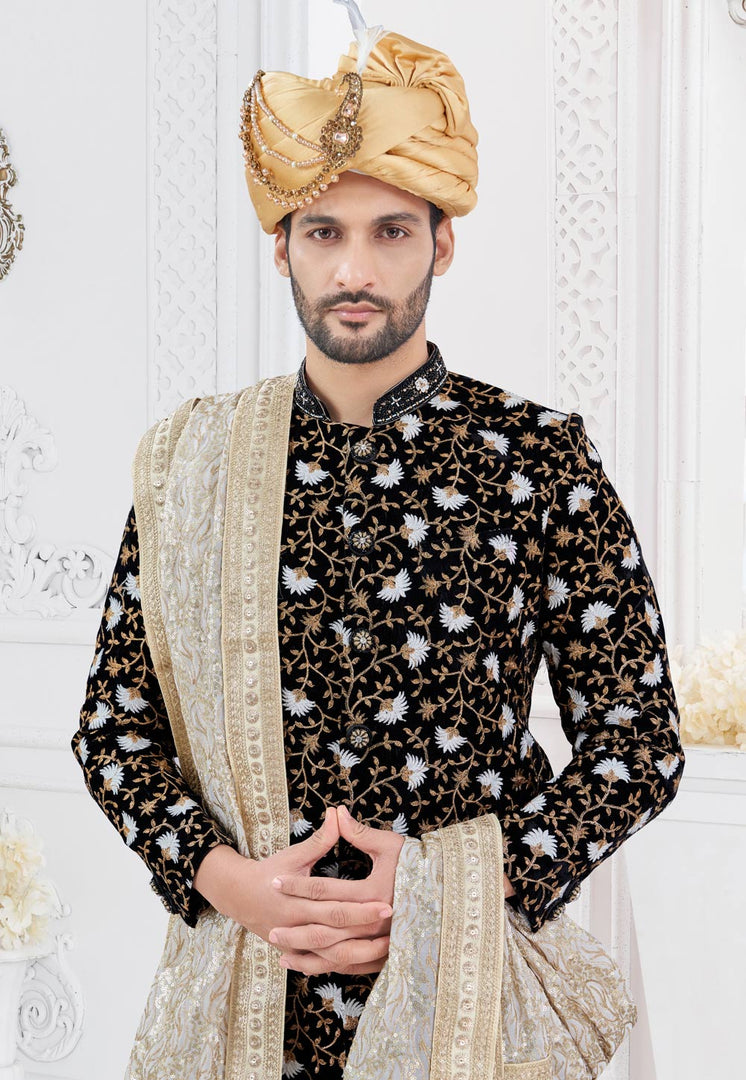 Black Silk Achkan Style Sherwani