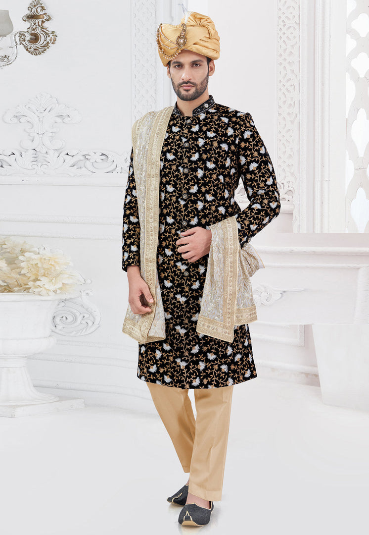 Black Silk Achkan Style Sherwani