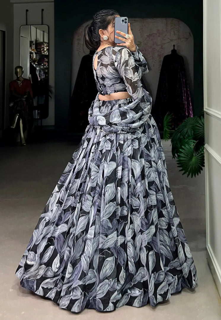 Black Silk Floral print Lehenga choli