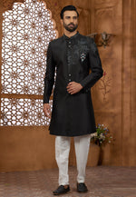 Load image into Gallery viewer, Black Silk Indo Western Sherwani
