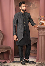 Load image into Gallery viewer, Black Silk Jacket Style Sherwani
