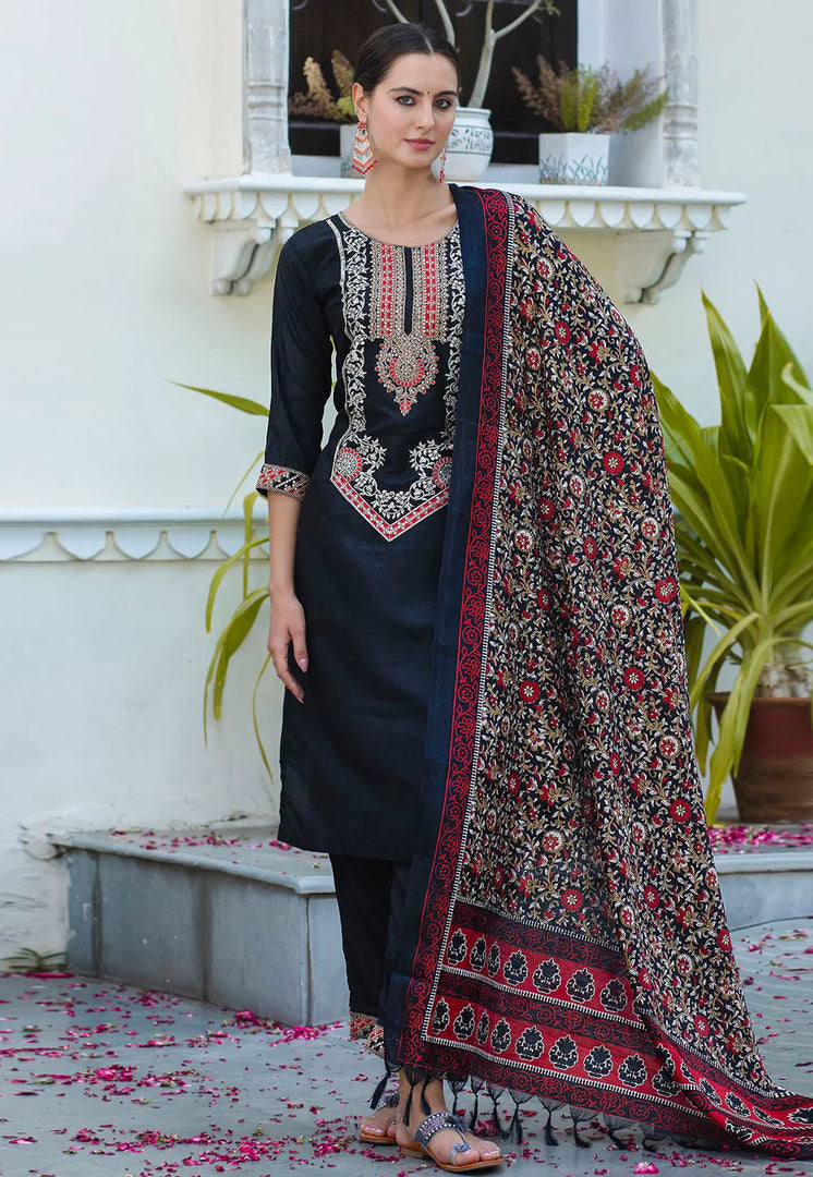 Black Silk Readymade Pant Style Suit