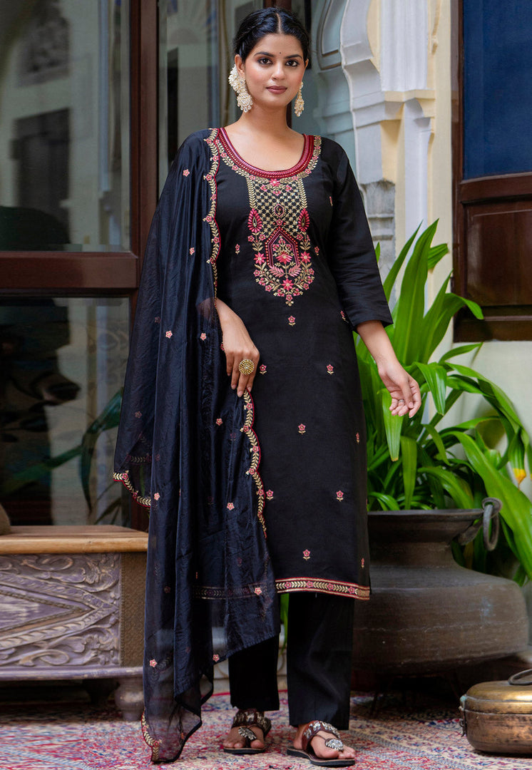 Black Silk Readymade Pant Style Suit