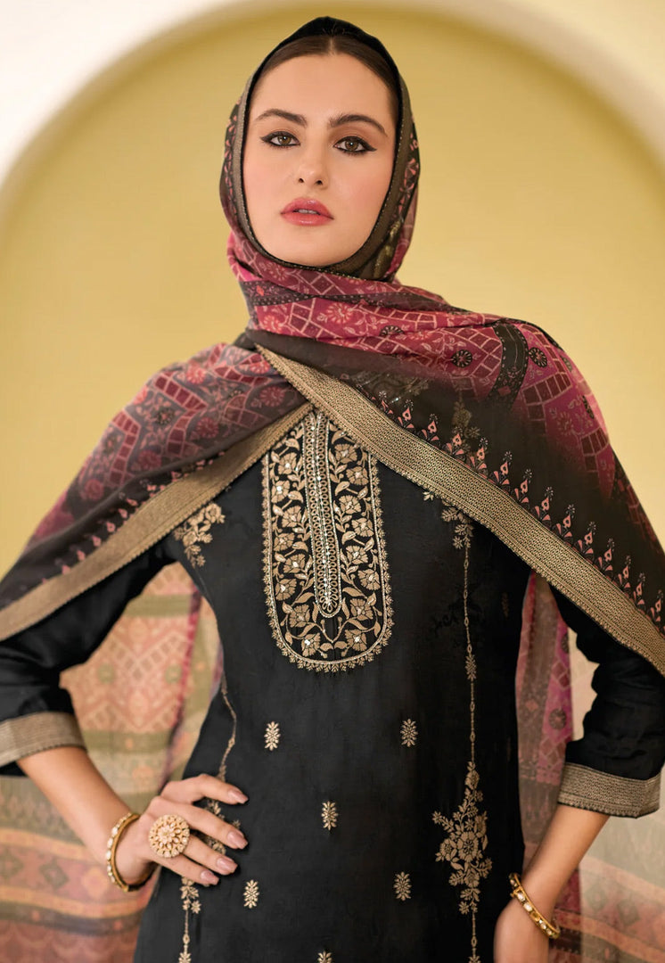 Black Viscose Jacquard Readymade Pant Style Suit