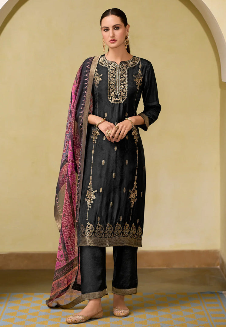 Black Viscose Jacquard Readymade Pant Style Suit