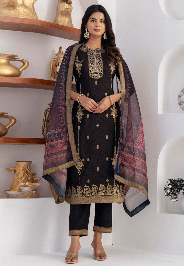 Black Viscose Jacquard Readymade Pant Style Suit