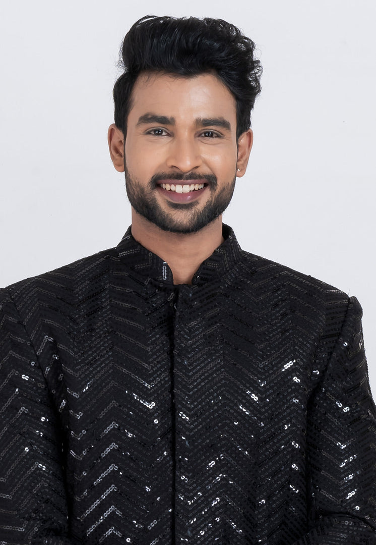 Black Viscose Rayon Indo Western Suit