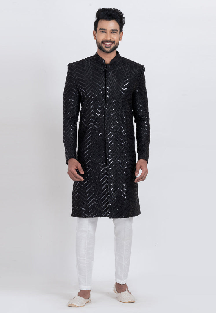 Black Viscose Rayon Indo Western Suit